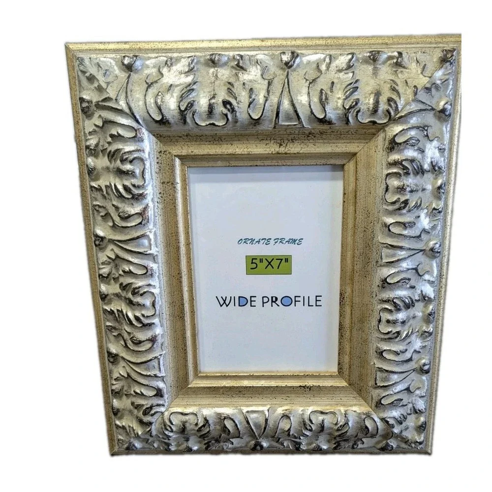 Ornate 5x7 Picture Frame Gold Silver Distressed Wide Profile Tabletop Wall